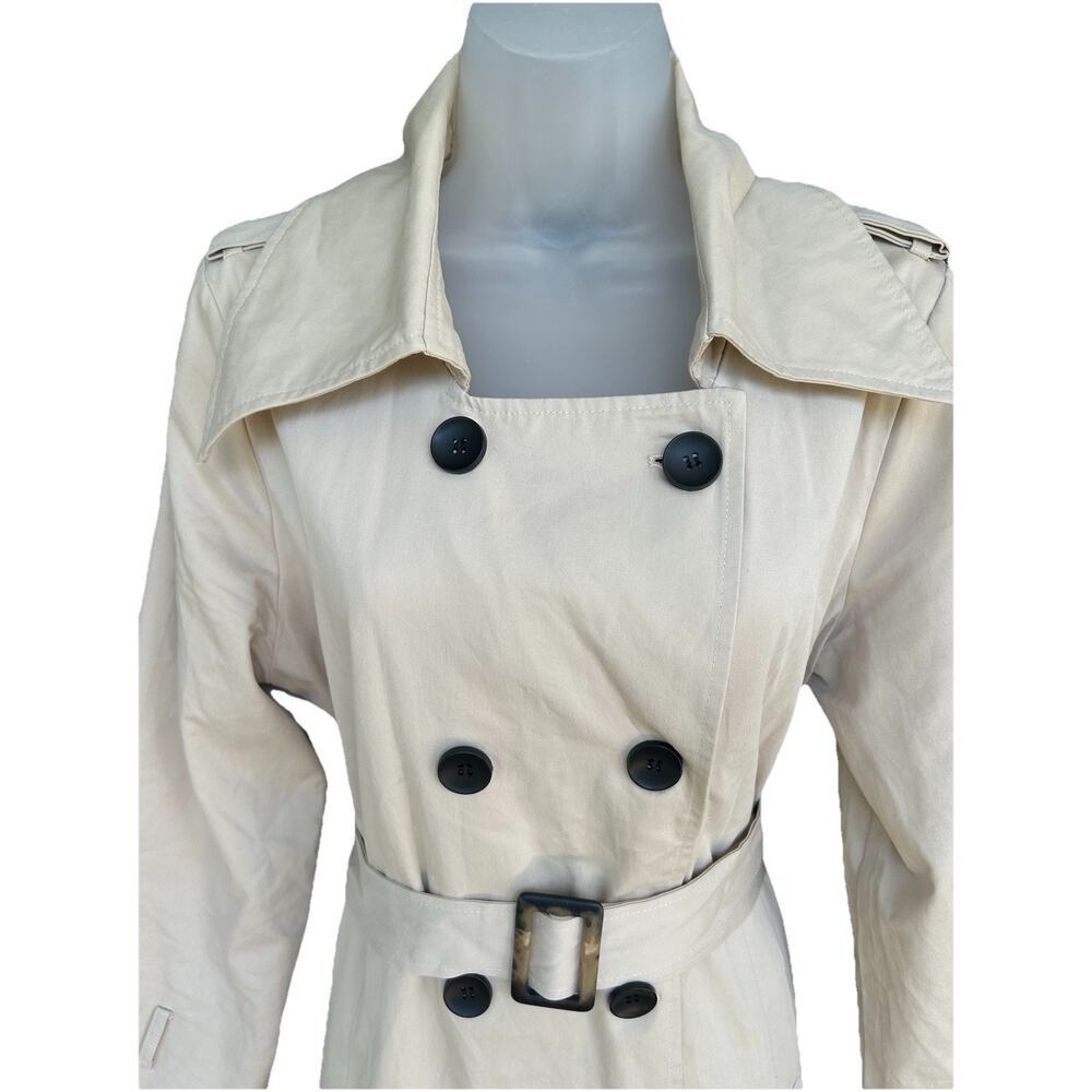 Trench Coat Women's Size Med Belted Jacket 100% Cotton Double Breasted Khaki - Picture 3 of 13
